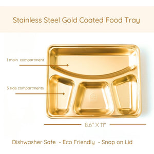 Gold-coated stainless steel food tray with labeled compartments and dimensions on a beige background.