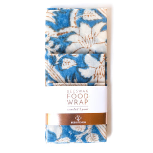 3 Pack - Beeswax Food Wraps Blue Watercolor Floral