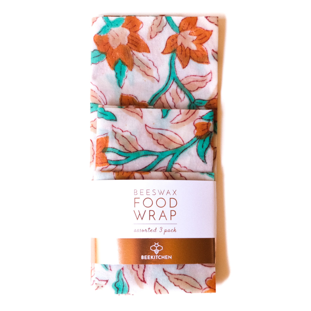 3 Pack - Beeswax Food Wraps Orange and Teal Floral
